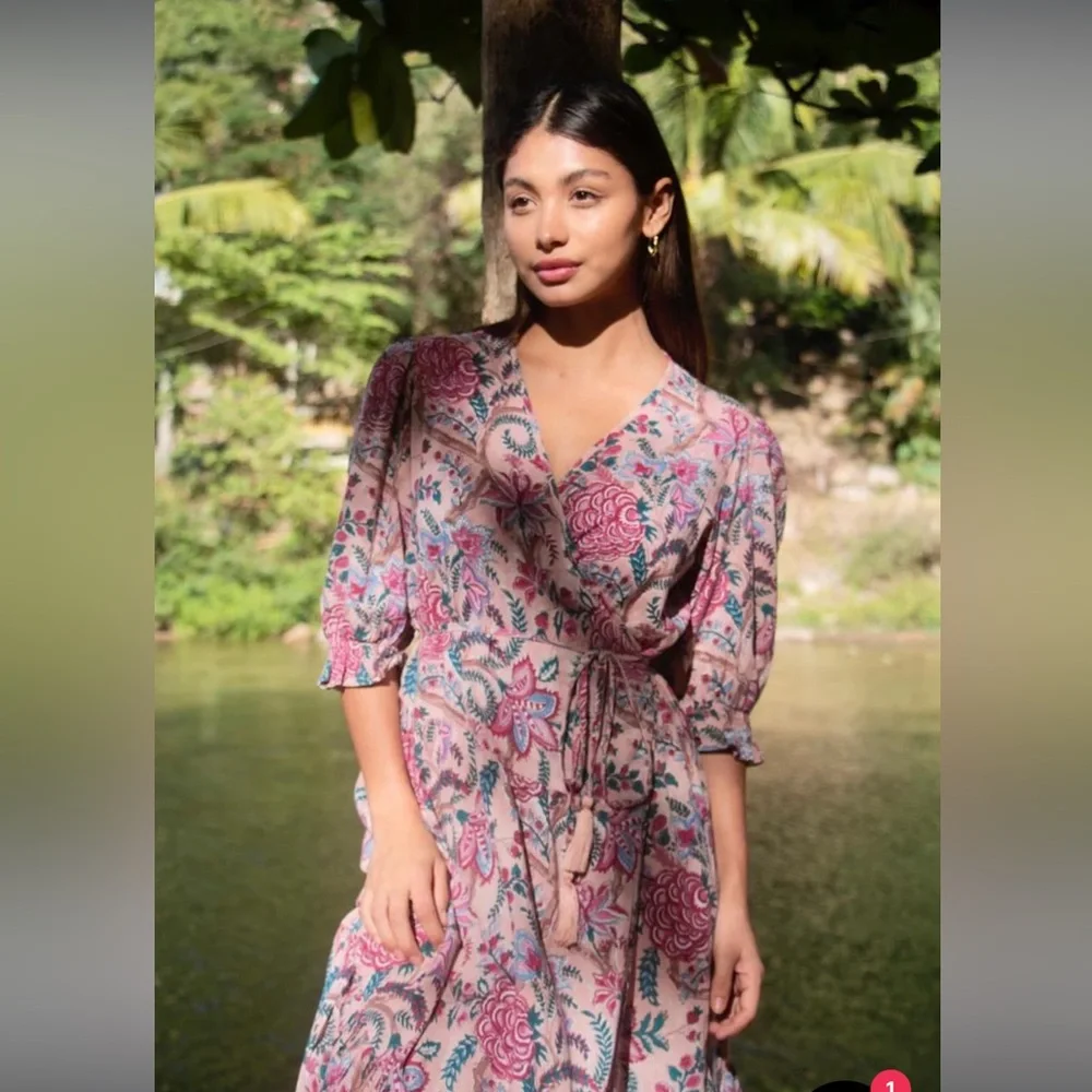 For Love And Lemons Pink and Blue Floral Wrap Maxi Dress - Picture 2 of 14